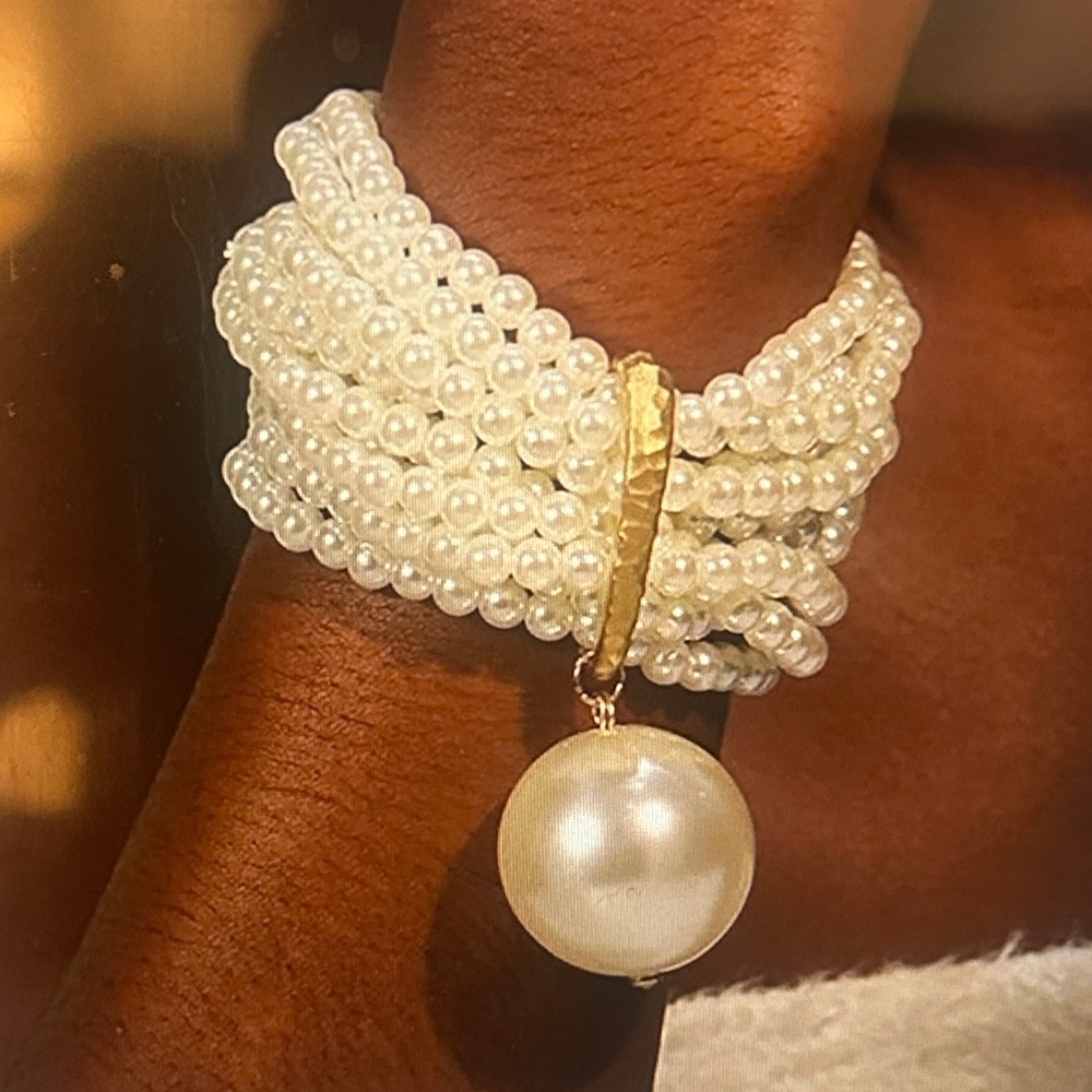 Women’s Multi-Strand White Pearl Bracelet with Gold Accent